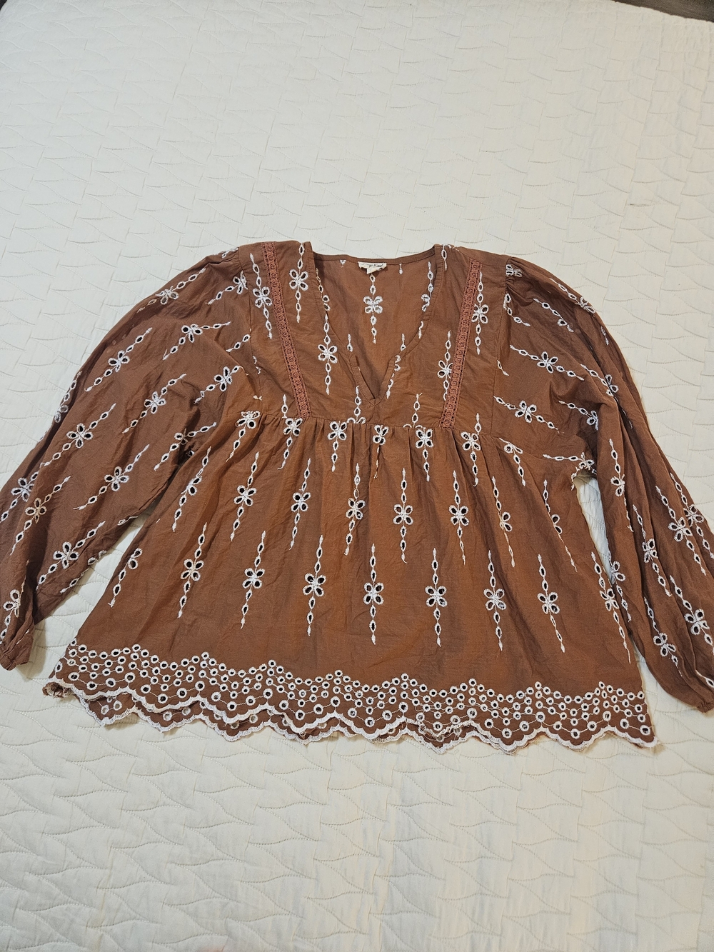 Womens Brown Embroidered V-Neck Boho Tunic Top
